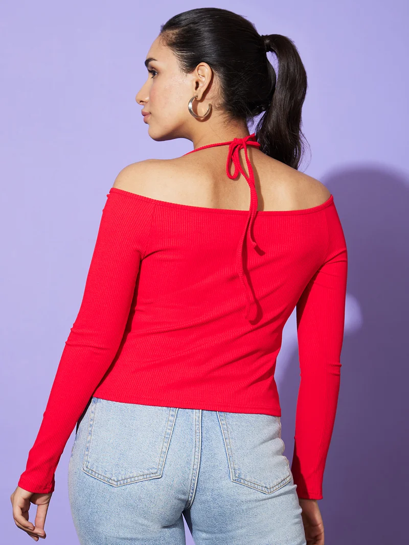 globus Women Red Off Shoulder Cotton Bardot Top