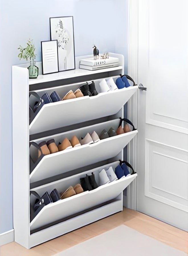 Raffine 3 Tier Ultra Thin Tilting Shoe Cabinet Rack for Entryway Hallway Storage Furniture White 78x17x110cm - Image 1