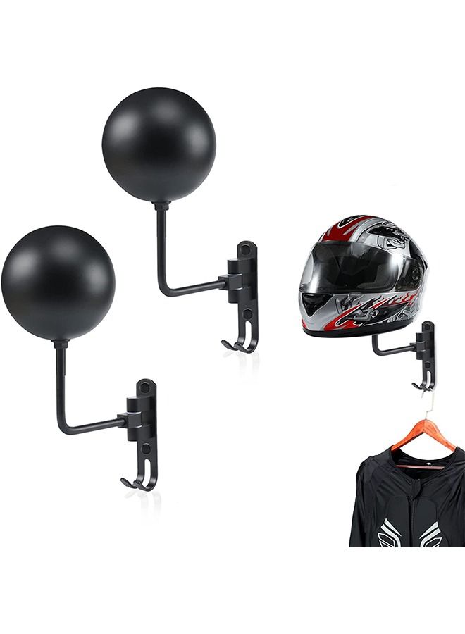 2-pcs Set Motorcycle Helmet Rack Organizer, Helmet Wall Mount Holder, 180° Rotation with 2 Hooks for Motorcycle Bike Racing Coats Suit Caps Baseballs Rugby Helmets Black - Image 1