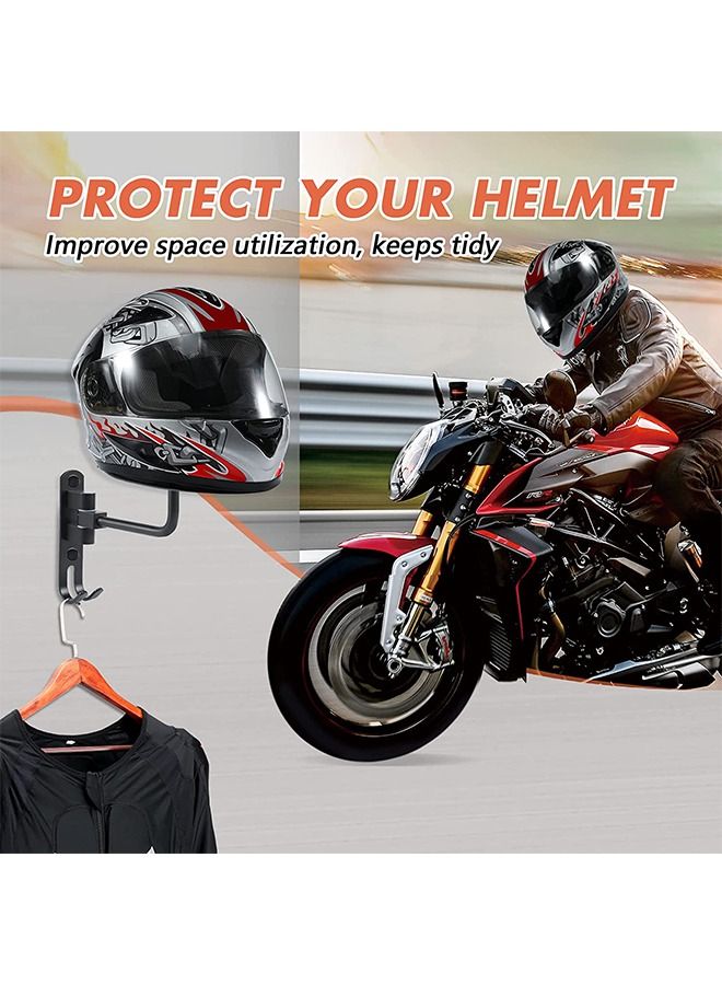 2-pcs Set Motorcycle Helmet Rack Organizer, Helmet Wall Mount Holder, 180° Rotation with 2 Hooks for Motorcycle Bike Racing Coats Suit Caps Baseballs Rugby Helmets Black - Image 5