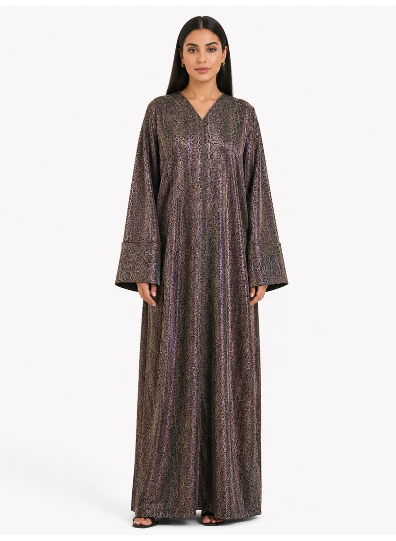 عباءات ريم Animal Print Diamante Detail Abaya with Matching Sheila