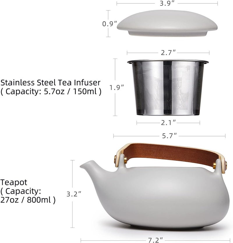 Zens Vintage Japanese Tea Pot with Strainer, 27oz Matte Ceramic Teapot with Strainer for Loose Leaf Tea Steeper, Gray Japanese Hot Tea Brewing Pot with Bentwood Handle for Women, Tea Lovers Gifts - Image 3
