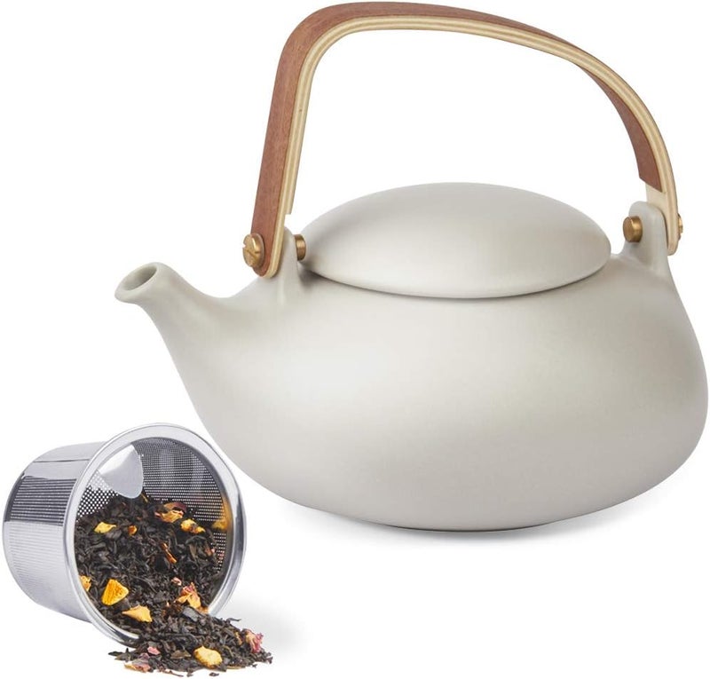 Zens Vintage Japanese Tea Pot with Strainer, 27oz Matte Ceramic Teapot with Strainer for Loose Leaf Tea Steeper, Gray Japanese Hot Tea Brewing Pot with Bentwood Handle for Women, Tea Lovers Gifts - Image 1