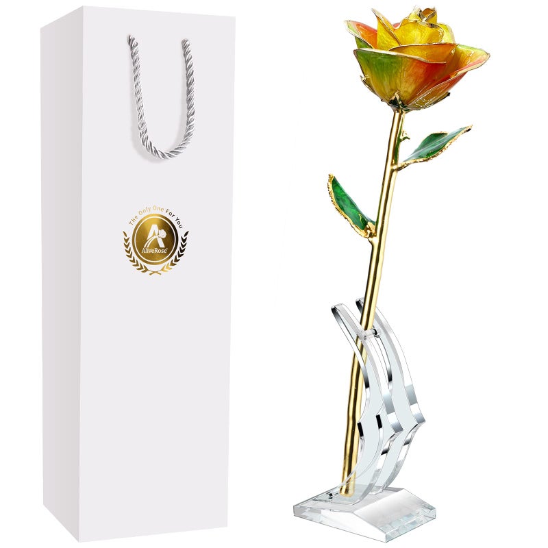 AliveRose for Wife  24K Gold Rose Made from Real Rose - Unique Design 24K Dipped Rose for Valentines Mothers Day Birthday Gifts (Rainbow Rose with Stand) - Image 1