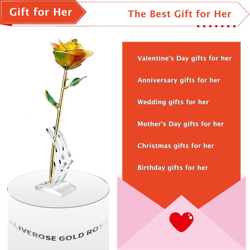 AliveRose for Wife  24K Gold Rose Made from Real Rose - Unique Design 24K Dipped Rose for Valentines Mothers Day Birthday Gifts (Rainbow Rose with Stand) - Image 5