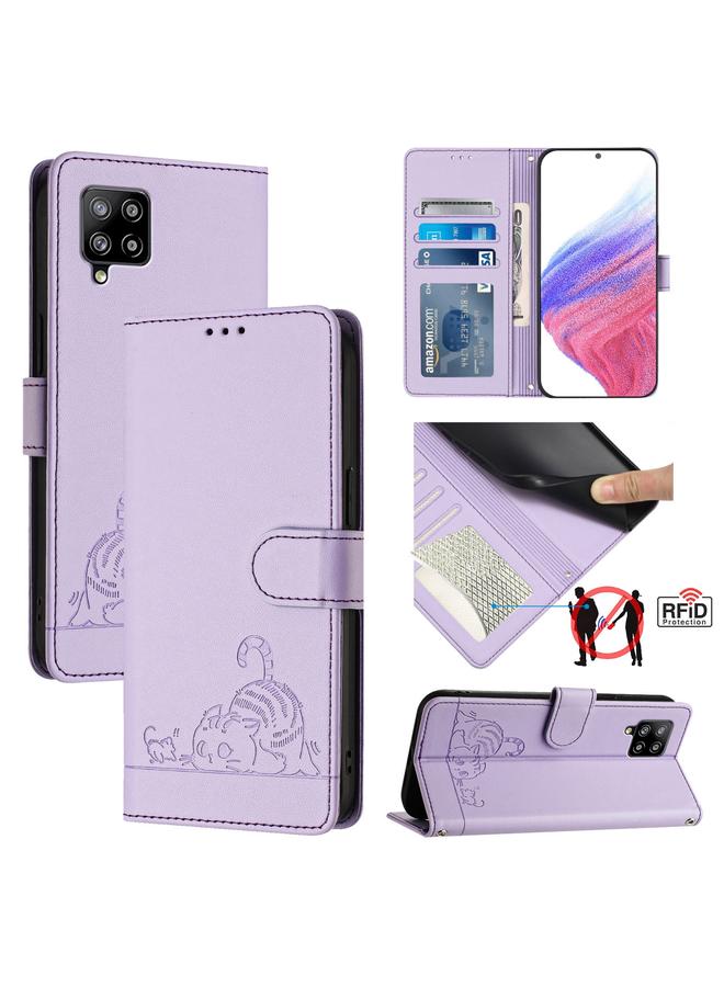 S-TOP Case For Samsung Galaxy A42 5G/M42 Cat Rat Embossed Pattern RFID Leather Phone Case with Lanyard - Image 1