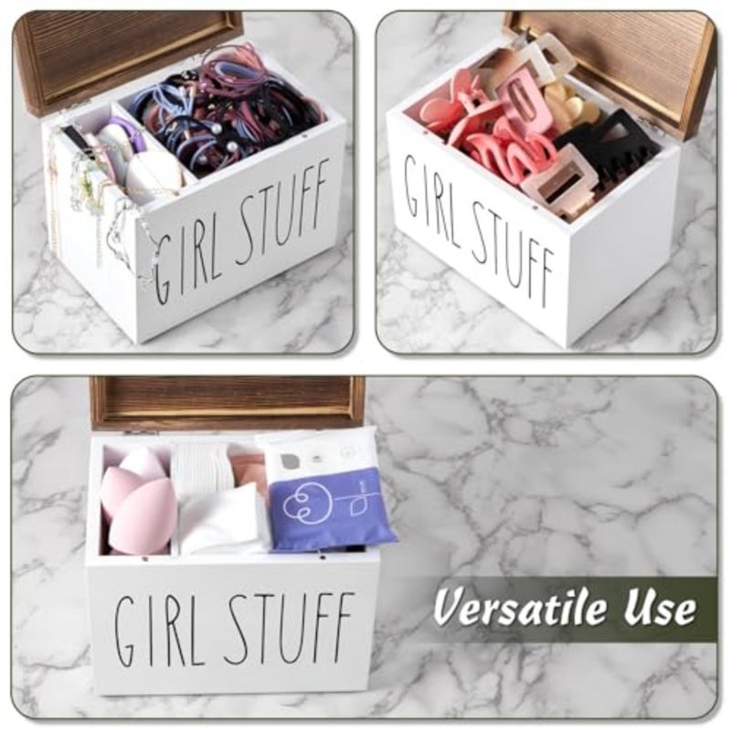 Wooden Tampon Storage Box, Tampon Holder for Bathroom with Lid, Versatile Tampon Storage Pad Organizer, Bathroom Countertop Storage Box with Movable Partition - Image 4
