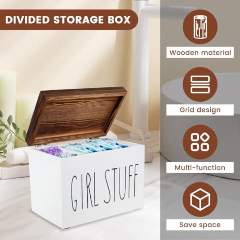 Wooden Tampon Storage Box, Tampon Holder for Bathroom with Lid, Versatile Tampon Storage Pad Organizer, Bathroom Countertop Storage Box with Movable Partition - Image 3