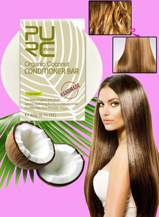 PURC 60g Organic Coconut Conditioner Bar Deeply Moisturizing Hydrating Conditioner Bar for Dry and Damaged Hair Natural Plant Extracts Ingredients Conditioner Bar for Nourishing and Shine - Image 1