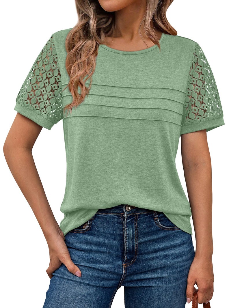 AUTOMET Short Sleeve Shirts for Women Summer Tops 2026 Spring Fashion Dressy Casual Outfits Lace Trendy Top Cute Work T Shirt Business Vacation Clothes Blouses Light Green M - Image 1