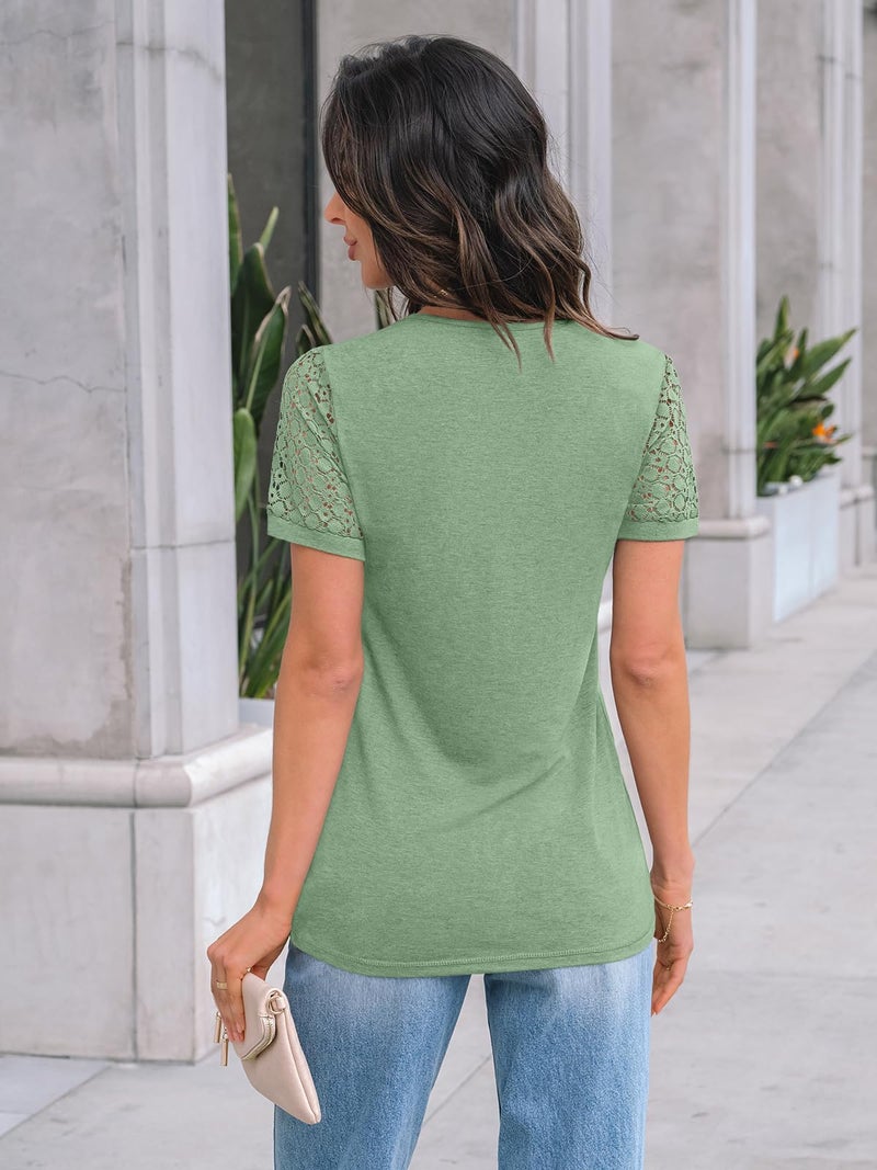 AUTOMET Short Sleeve Shirts for Women Summer Tops 2026 Spring Fashion Dressy Casual Outfits Lace Trendy Top Cute Work T Shirt Business Vacation Clothes Blouses Light Green M - Image 4