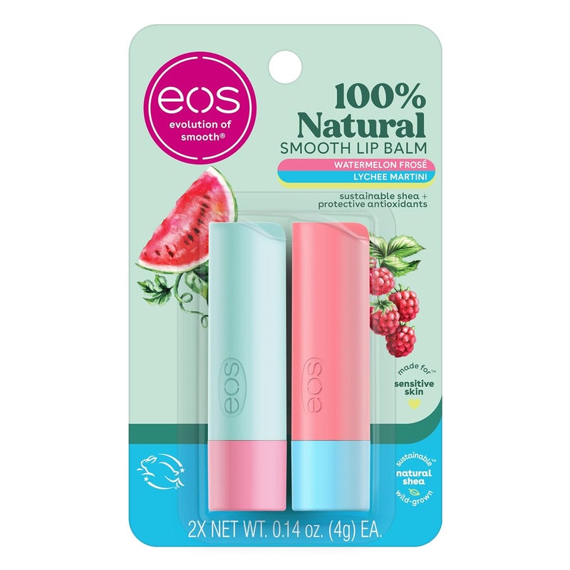 eos 100 Natural Lip Balm Sticks Watermelon Fros and Lychee Martini  Dermatologist Recommended for Sensitive Skin  All Day Moisture  014 oz  2Pack