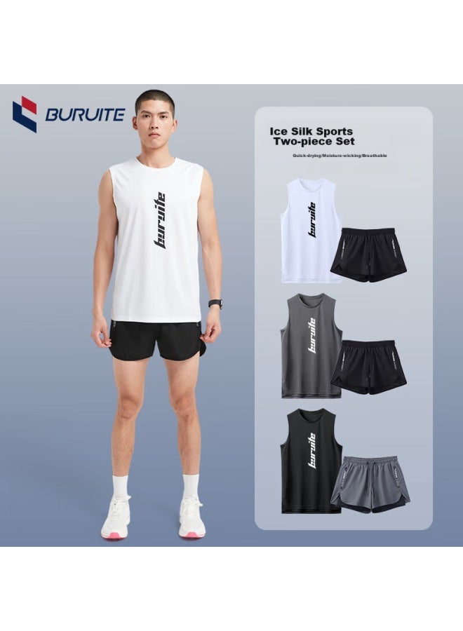 Buruite Ice Silk Sports Set For Men, Summer Vest, Marathon Inner Lining Shorts, Quick-dry Track And Field Running Clothing, Fitness Equipment - Image 1