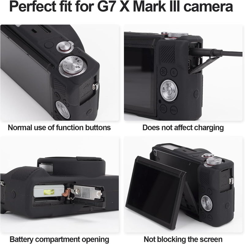 SJet Canon G7X Mark III Accessory Kit, Silicone Protective Case Cover, 2 Pack Tempered Glass Screen Protector, Detachable Lens Cover, Strap Wrist for Canon G7X3 G7XIII (Black) - Image 2