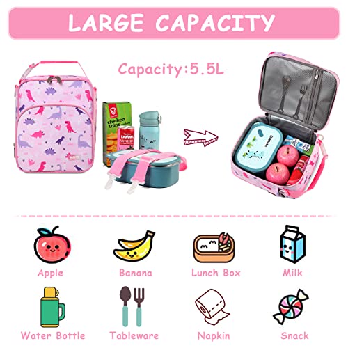VASCHY Lunch Boxes Bag for Kids, Insulated Lunchbox Reusable Containers for Girls with Detachable Shoulder Strap for School Pink Dinosaur - Image 4
