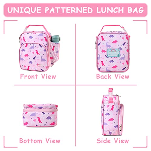 VASCHY Lunch Boxes Bag for Kids, Insulated Lunchbox Reusable Containers for Girls with Detachable Shoulder Strap for School Pink Dinosaur - Image 3