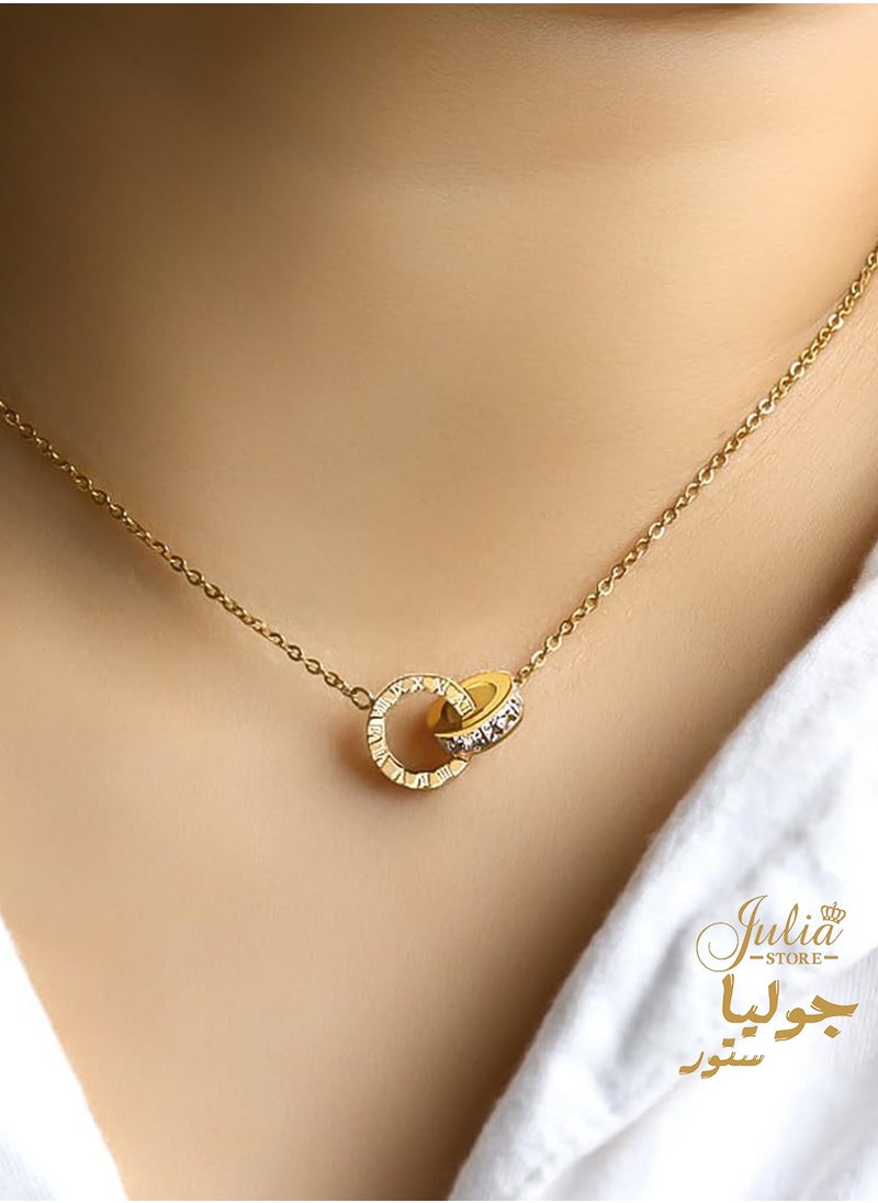 Julia Store - 18K Gold Plated Stainless Steel Tassel Gold Color Jewelry Delicate Eternal Love Friendship Roman Numerals Interlocking Starry Double Ring Design Choker Necklace For Women - Image 1