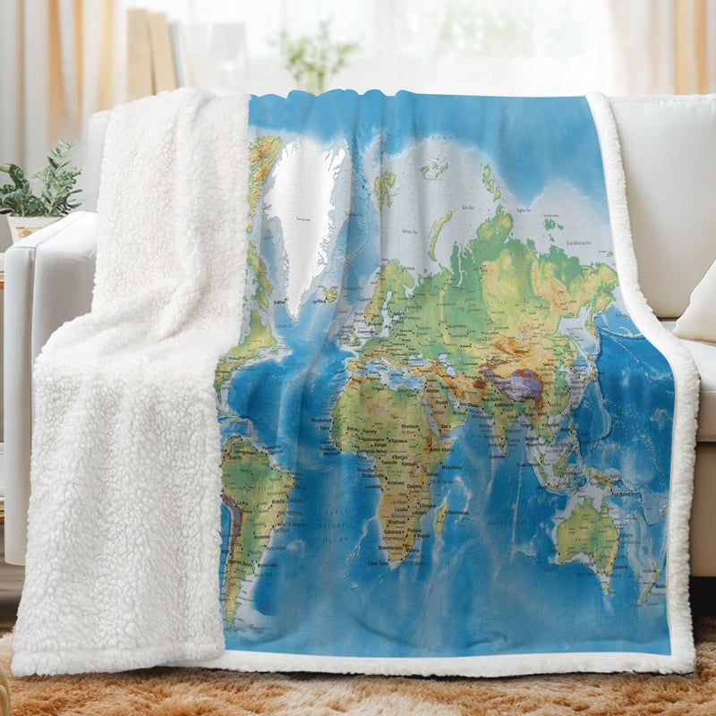 Sleepwish Map Fleece Blanket Blue Throw Blanket Soft Kids Throw Blanket Thick Plush Blanket Vivid 3D Print Map of The World Sherpa Blankets for Teens Kids Boys Girls 50x60 Inches - Image 1