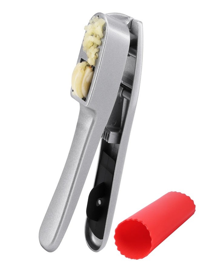 ZTTM Garlic Press and Peeler Set - Silicone Garlic Peeler Tube Roller and Aluminium Garlic Press with Built-In Cleaning Tool Garlic Crusher, Mincer & Peeler for Unpeeled Garlic Cloves - Image 1
