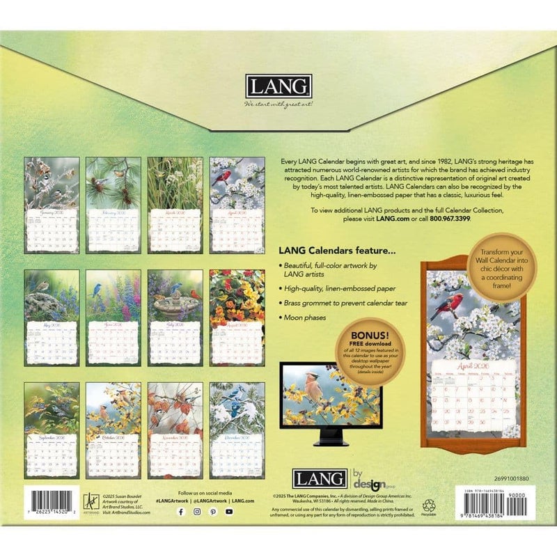 Lang Songbirds 2026 Wall Calendar â€“ 13.4" Ã— 12", 12-Month Calendar with Stapled Binding, Linen-Embossed Art by Susan Bourdet, Colorful Bird Illustrations - Image 3