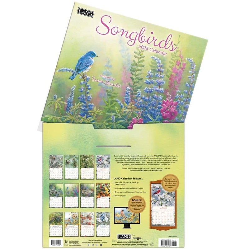Lang Songbirds 2026 Wall Calendar â€“ 13.4" Ã— 12", 12-Month Calendar with Stapled Binding, Linen-Embossed Art by Susan Bourdet, Colorful Bird Illustrations - Image 4