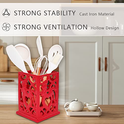Minluful Vintage Utensil Holder for Countertop, Robust Sturdy Cast Iron Utensil Holder for Kitchen Counter Cooking Tools Crock Spoon and Spatula Holder Organizer, Red - Image 4