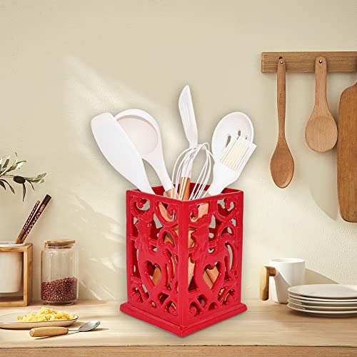 Minluful Vintage Utensil Holder for Countertop, Robust Sturdy Cast Iron Utensil Holder for Kitchen Counter Cooking Tools Crock Spoon and Spatula Holder Organizer, Red - Image 2