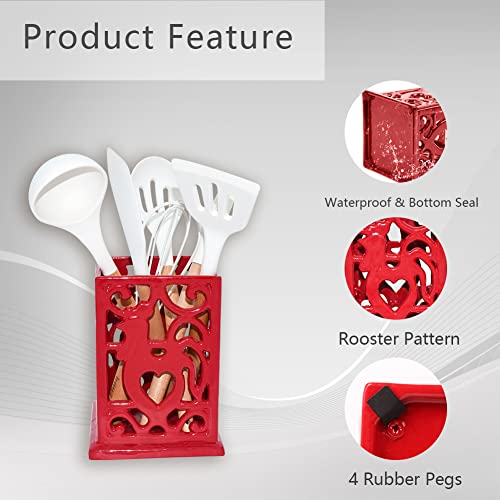 Minluful Vintage Utensil Holder for Countertop, Robust Sturdy Cast Iron Utensil Holder for Kitchen Counter Cooking Tools Crock Spoon and Spatula Holder Organizer, Red - Image 3