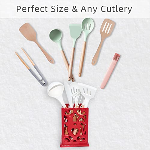 Minluful Vintage Utensil Holder for Countertop, Robust Sturdy Cast Iron Utensil Holder for Kitchen Counter Cooking Tools Crock Spoon and Spatula Holder Organizer, Red - Image 5