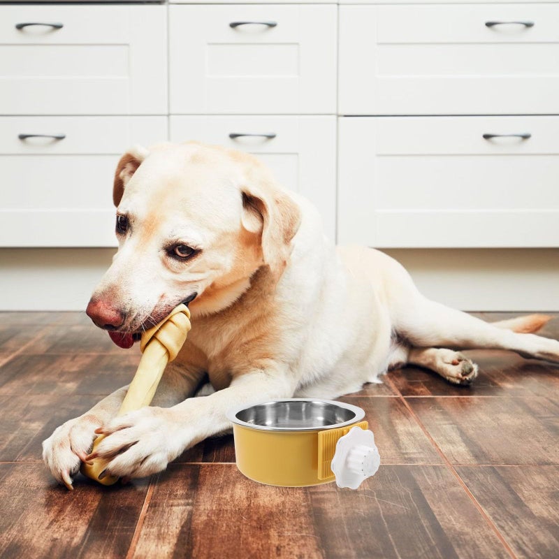 Stainless Steel Hanging Pet Bowl With Clip Spill Resistant Cage Feeder Yellow - Image 5