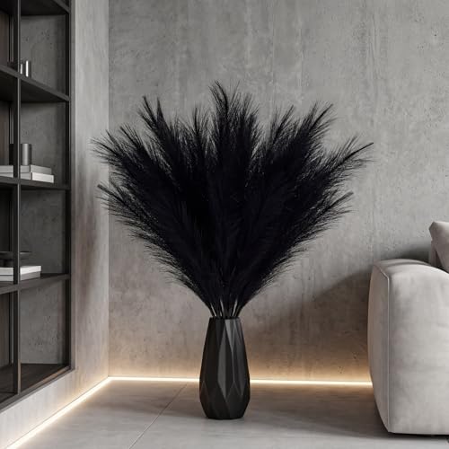 Qubitful Faux Pampas Grass Tall, 9 PCS 43''/ 110 cm Large Black Pampas Grass Decor, Fake Pompas Branches, Long Feathers for Floor Vase, Boho Flower Arrangement for Home Wedding Decor (Black) - Image 2