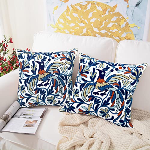 Alysheer Embroidered Decorative Throw Pillow Cover 18x 18 Set of 2 Lucky Bird Boho Embroidery Happy Knit Pattern Cotton Cushion Case for Sofa Couch Living Room Bedroom Outdoor Blue Bird 2pc