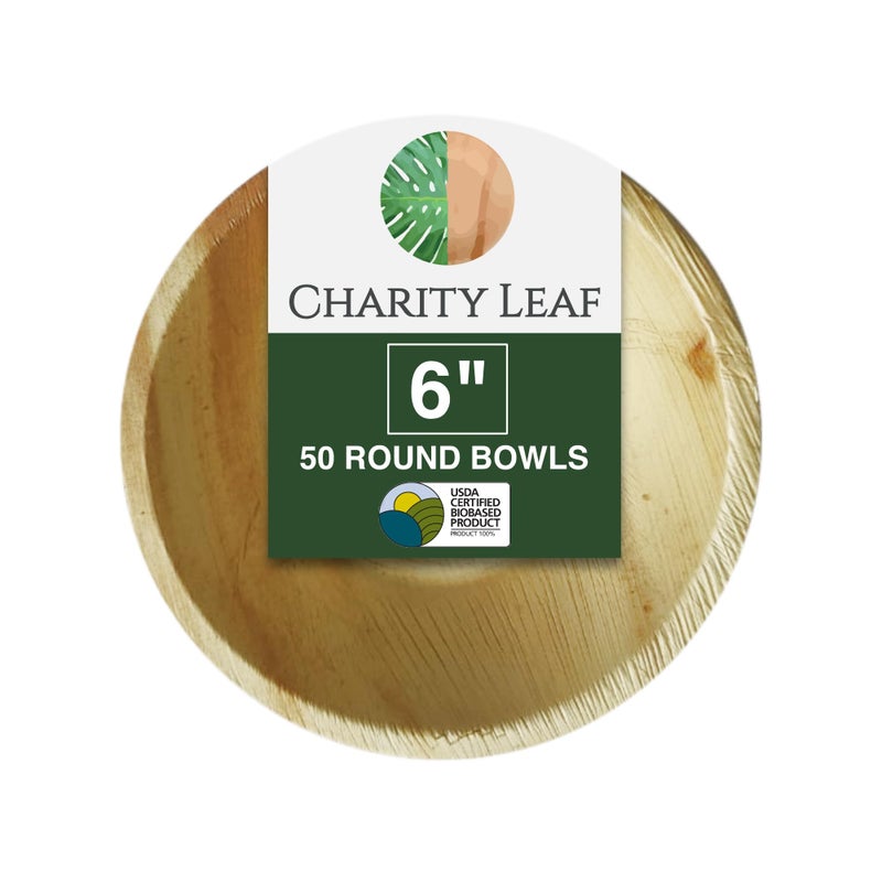 Charity Leaf Disposable Palm Leaf 6" Round Bowl (50 pcs) Dipping Bowls | Bamboo Like| All Natural and Biodegradable | Charcuterie Boards, BBQs, and Parties - Image 1