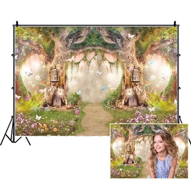 Leowefowa 10x6.5ft Enchanted Forest Birthday Backdrop Fairy Tale Forest Enchanted Garden Photography Background for Kids Birthday Baby Shower Party Photoshoot Newborn Children Cake Smash Studio Props - Image 1