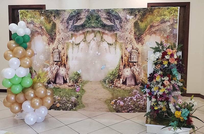 Leowefowa 10x6.5ft Enchanted Forest Birthday Backdrop Fairy Tale Forest Enchanted Garden Photography Background for Kids Birthday Baby Shower Party Photoshoot Newborn Children Cake Smash Studio Props - Image 4