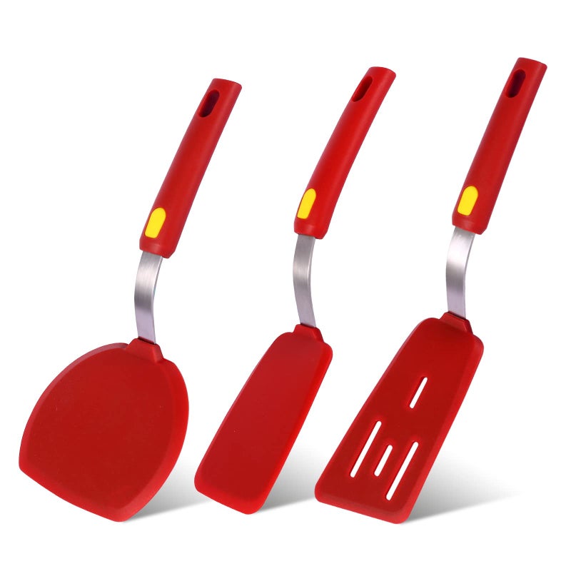 Hvanam Silicone Spatula Turner Heat Resistant 600F 3 Piece Set Non Scratch Flexible Slotted and Solid Thin Rubber Spatula Flipper for Cooking PancakeEggFishBurgerSteak for Nonstick CookwareRed