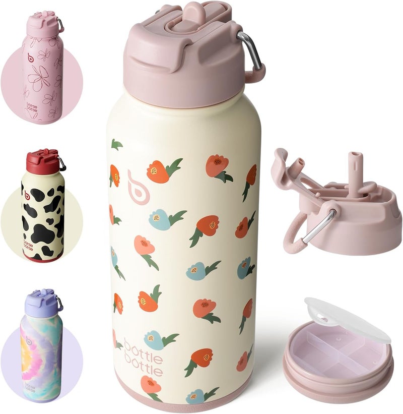 BOTTLE BOTTLE 32oz Insulated Stainless Steel Sport Water Bottle with Straw and Pill Box (Buds Rain) - Image 1