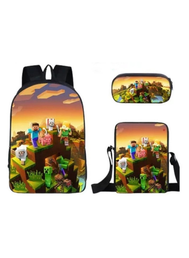 ماين كرافت حقيبة ظهر ذات طباعة رقمية ذات سعة كبيرة، مجموعة من ثلاث قطع، حقيبة غداء، حقيبة قلم، بوليستر، حقيبة ظهر مريحة لتقليل الحمل للطلاب والأطفال للجنسين - Image 1