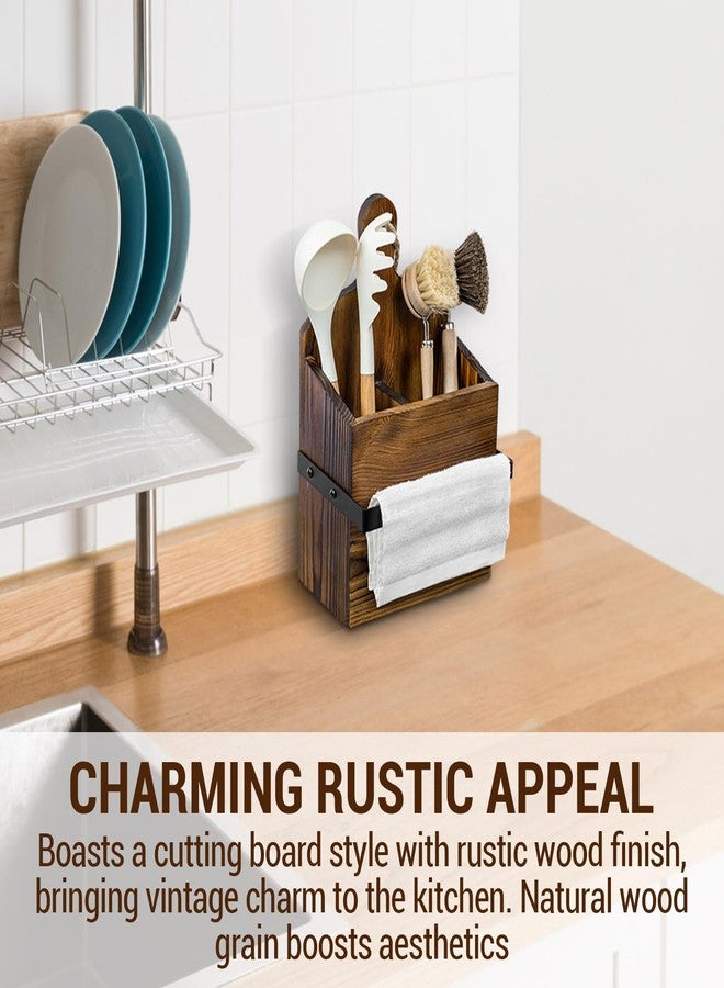 MyGift Rustic Wall Mounted Solid Wood Utensil Holder with Towel Bar - Cutting Board Style Kitchen Organizer Rack for Cooking Tools, Hanging Storage, and Dish Towels - Image 2