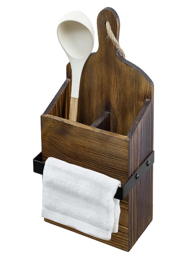 MyGift Rustic Wall Mounted Solid Wood Utensil Holder with Towel Bar - Cutting Board Style Kitchen Organizer Rack for Cooking Tools, Hanging Storage, and Dish Towels - Image 1