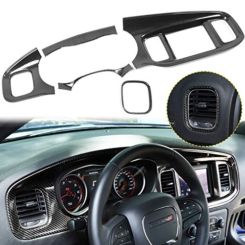 JWWY for Charger Center Consoles Dash Board Dashboard Instrument Gauge Cluster Dash Fascia Trim Panel Garnish Bezel for 2015-2025+ Dodge Charger Interior Accessories, ABS Carbon Fiber 5pcs - Image 1