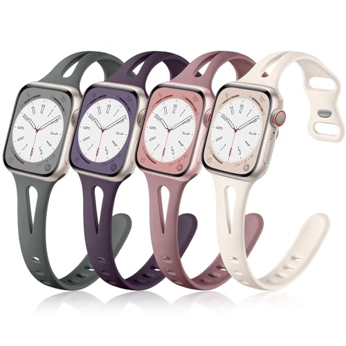 Getino Compatible with Apple Watch Band 38mm 40mm 41mm 42mm iWatch SE Series 11 10 9 8 7 6 5 4 3 2 1 for Women Men, Soft Silicone Slim Sport Watch Bands, Starlight/Cherry Purple/Smoke Purple/Dark Grey - Image 1