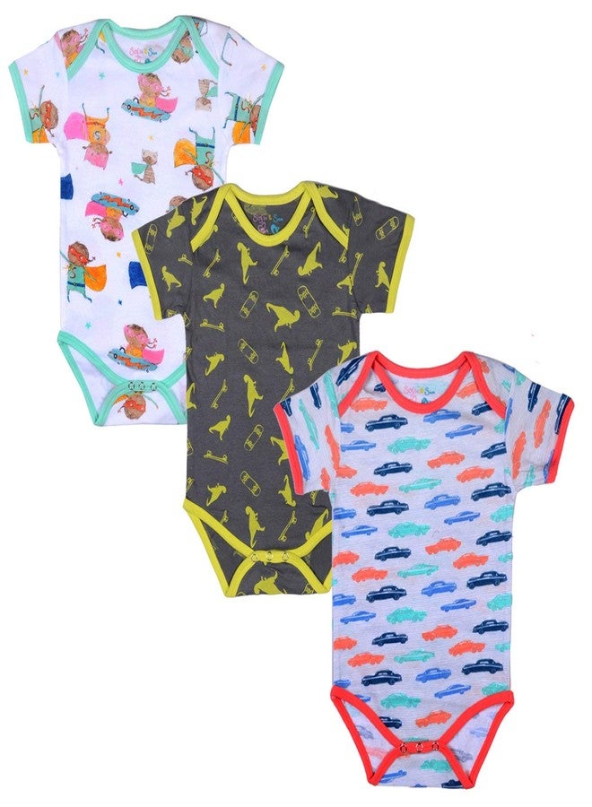 Sofie & Sam Baby Romper Half Sleeves Premium Cotton Pack of 3 - Car/Superkid/Dianosour (3-6 Months) - Image 1