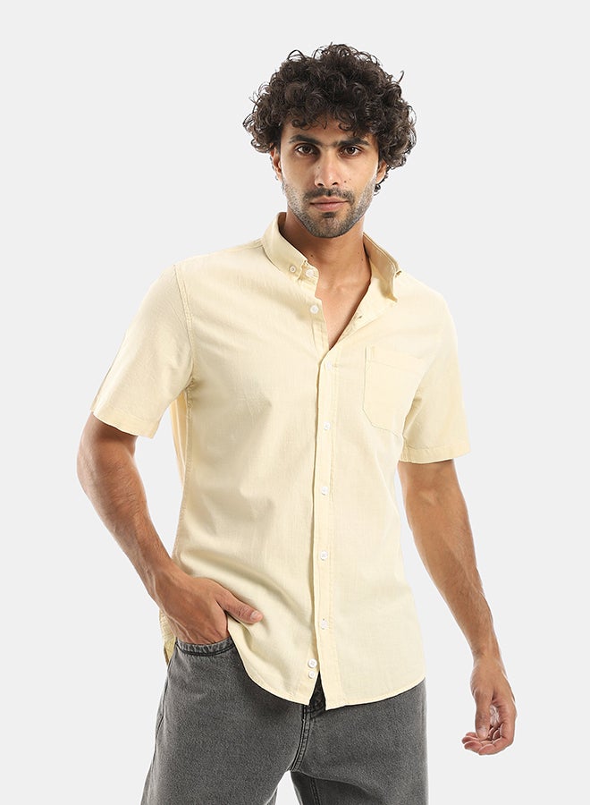 Andora Turned Down Collar Button Closure Long Sleeves Casual Shirt - Beige - Image 1