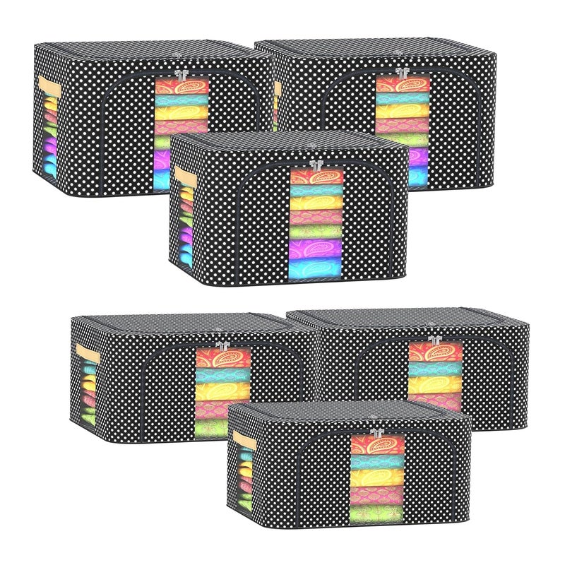Urbane Home Urbane Home Pack of 6 Clothes Storage Box 24 Ltr Small and 66 Ltr Large Waterproof Underbed Storage Box Wardrobe Organizer Parachute Steel Frame Drawer Organizer Dot Print Black  - Image 1