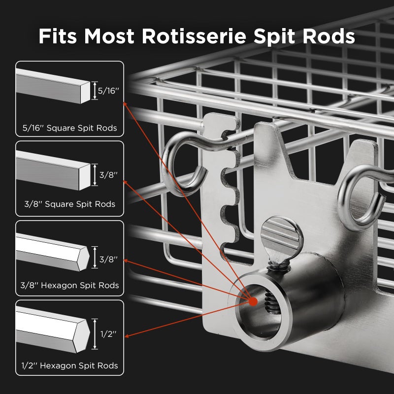TURBRO Flat Rotisserie Basket, 304 Stainless Steel, Universal Grill Accessory, Compatible with 1/2â€ or 3/8" Hexagon, 3/8" or 5/16" Square Spit Rods, Fits Most Grills, for Outdoor BBQ - Image 3