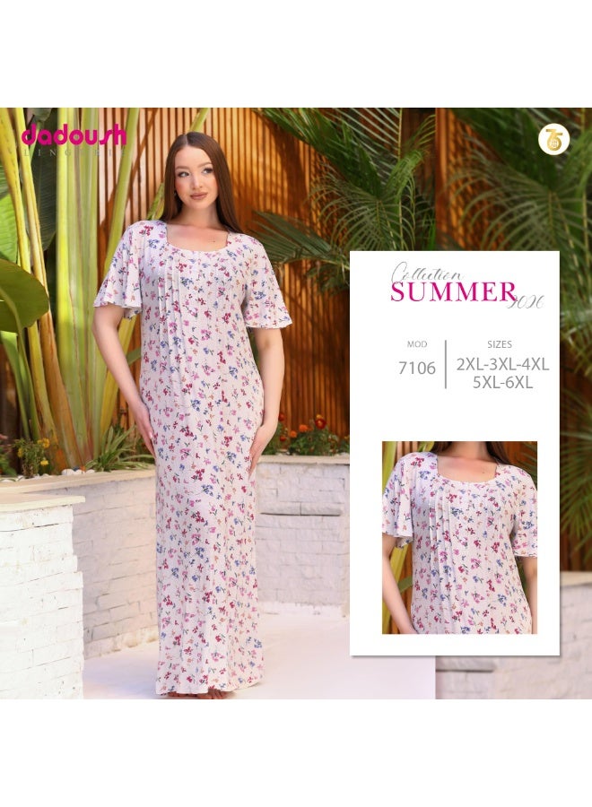 Dadoush Women Viscose Long Nightgown Short Puff Sleeve Elegant Floral Pattern - Summer Comfy Maxi Abaya Half Sleeve - Embroidered Long Dress with Wide Sleeves - Home Wear for Women - Image 3