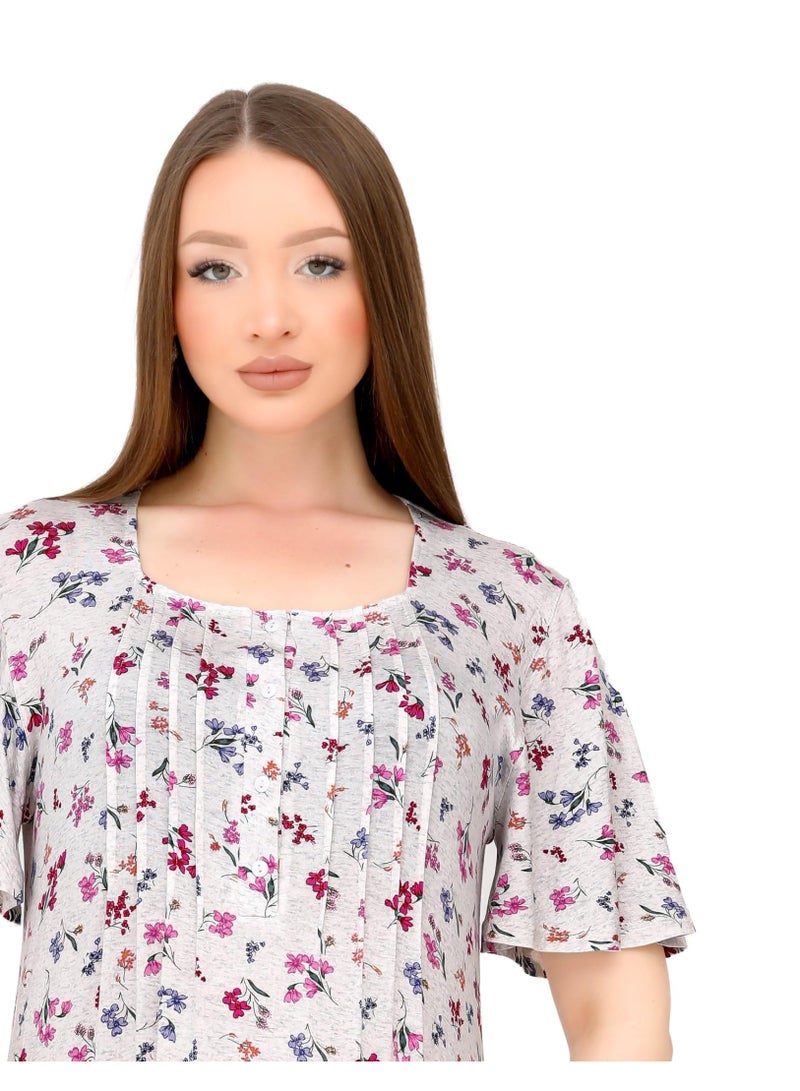 Dadoush Women Viscose Long Nightgown Short Puff Sleeve Elegant Floral Pattern - Summer Comfy Maxi Abaya Half Sleeve - Embroidered Long Dress with Wide Sleeves - Home Wear for Women - Image 4