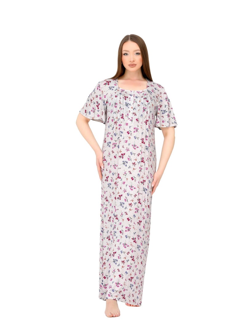 Dadoush Women Viscose Long Nightgown Short Puff Sleeve Elegant Floral Pattern - Summer Comfy Maxi Abaya Half Sleeve - Embroidered Long Dress with Wide Sleeves - Home Wear for Women - Image 1