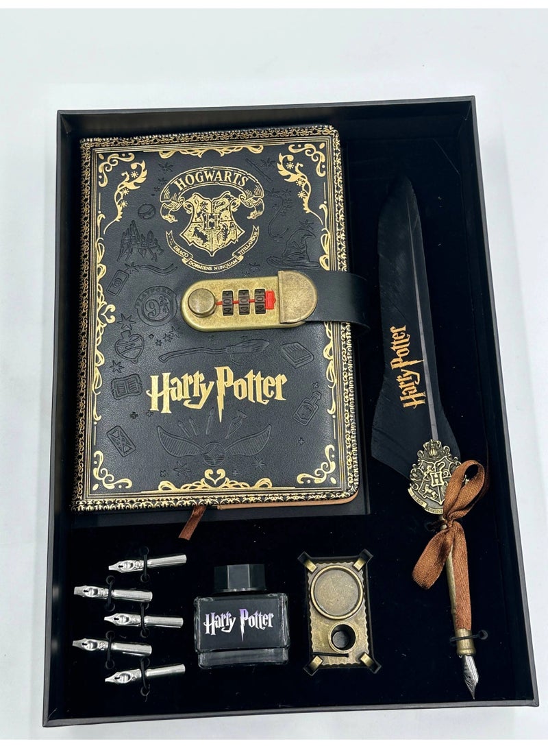 Harry Potter Vintage Secret Diary With Combination Lock & Quill Pen Writing Set Included Ink Bottle & 5 Nibs Black/Gold 9-Piece Set HA-506 - Image 2